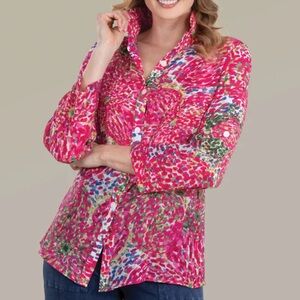 Trisha Tyler Vibrant Pink & Green Light weight Tencel Button up, wire collar,  M